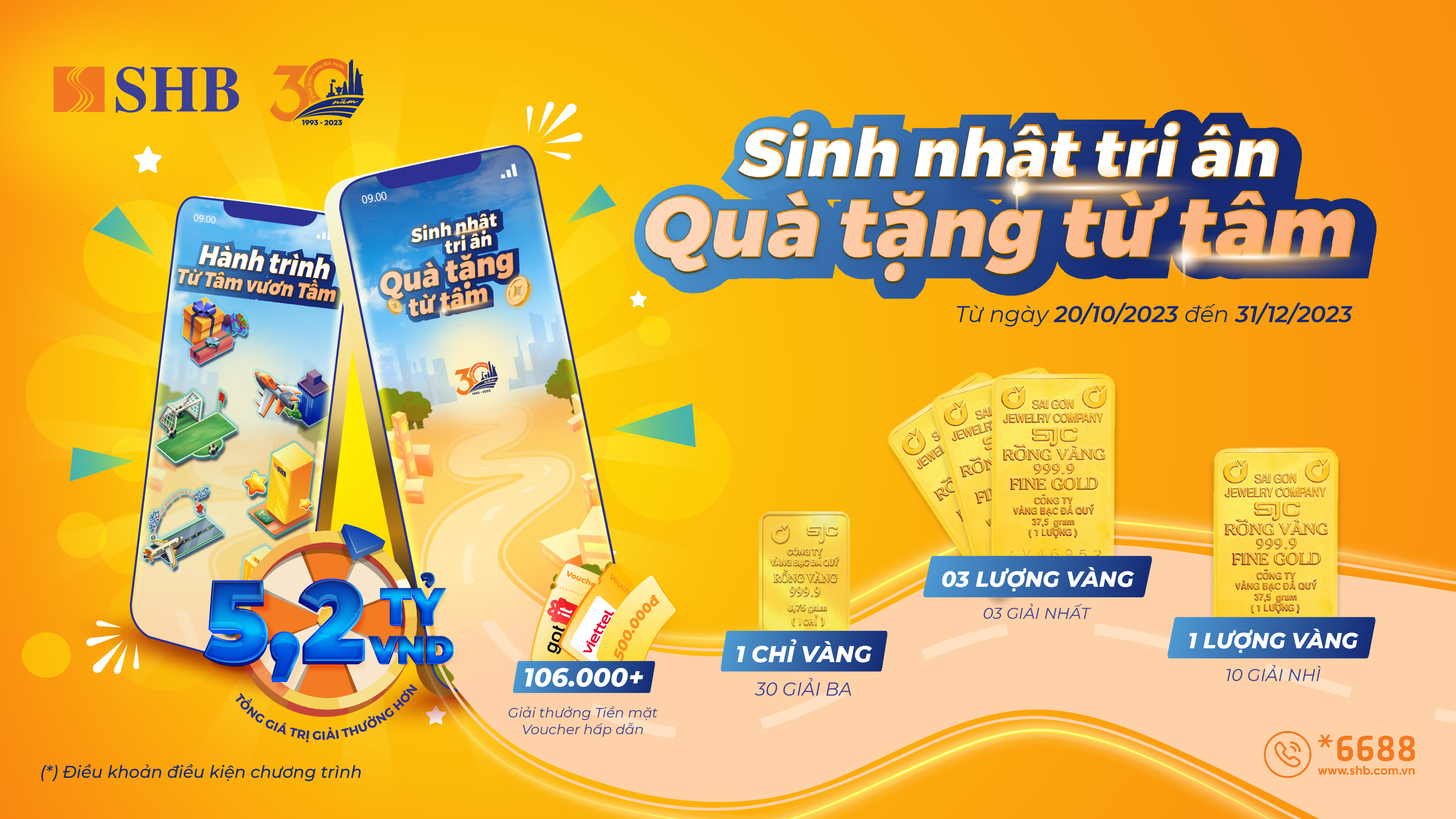 SHB tặng vàng SJC 999.9 cho khách hàng chơi game.